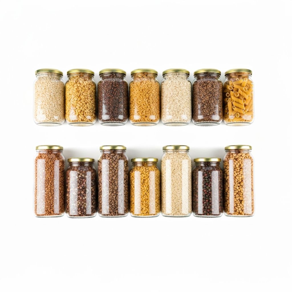 Jars aligned with grains and pasta