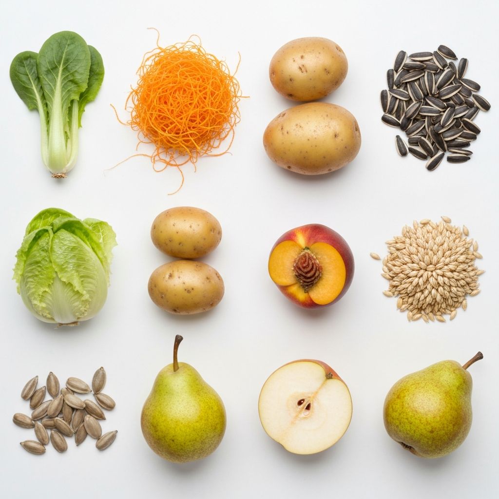 High-contrast overhead of fibrous foods