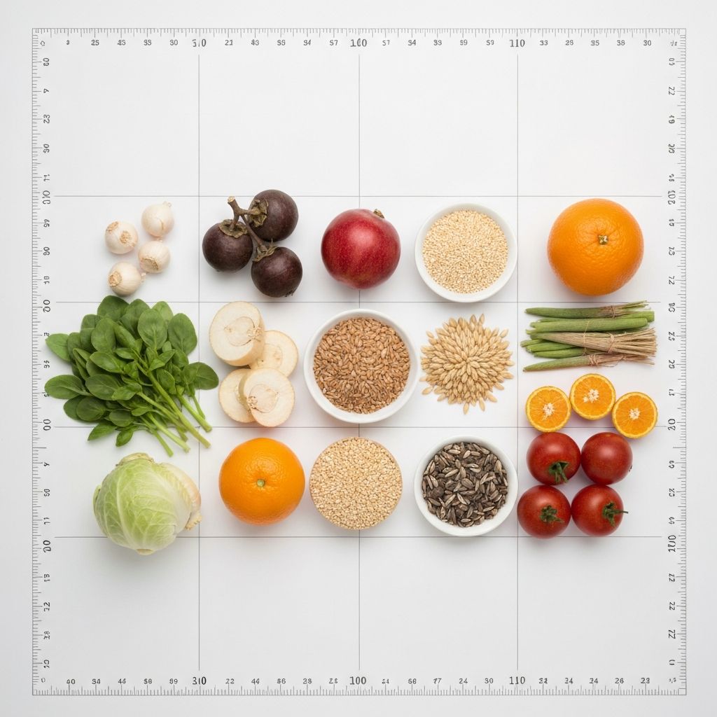Grid arranged whole foods on white surface